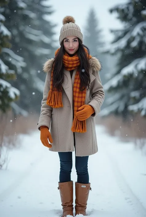  Now generate photos of this woman in a snowy environment, with warm clothes  