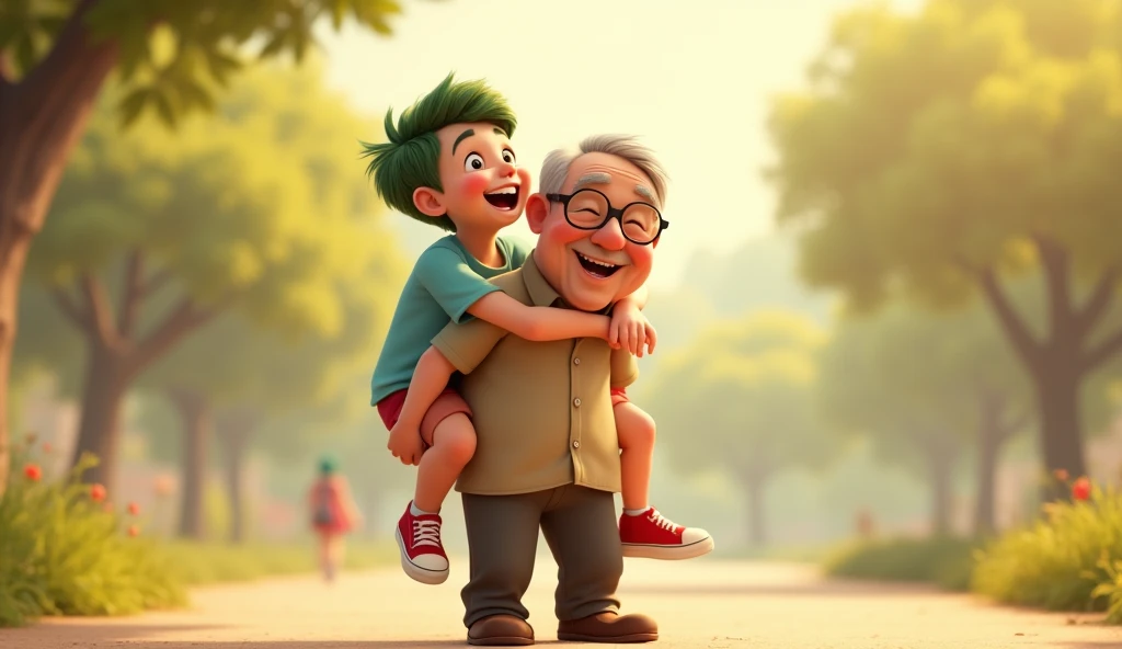 A heartwarming moment of an elderly man (Kakek) carrying an  boy (Owo) on his back. Kakek, with his short silver hair, round glasses, and a warm smile, is dressed in a light brown shirt, dark trousers, and brown loafers. He stands with a strong yet gentle ...