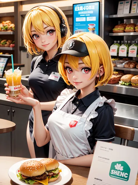 Satoko Hojo, One Girl,  (Yellow Hair), Blonde, Red eyes, short hair,  Small breasts, ,  alone, uniform, cap, apron,  Name tag, Polo shirt, headset, counter, register, Menu Signage, tray, Flyer, Drink dispenser, hamburger, potato, drink, straw, napkin, smil...