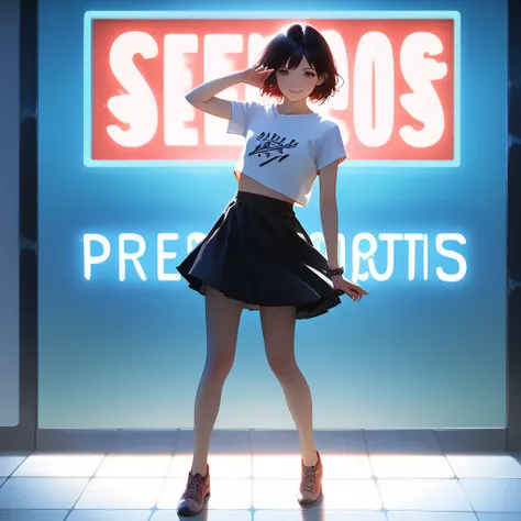 (masterpiece, best quality:1.2), dancing pose, Korean woman at nightclub, smiling, full body, white plain t-shirt, black plain skirt, minimal style, small chest, no accessories, no revealing clothes, neon lights background, motion blur, cinematic lighting,...