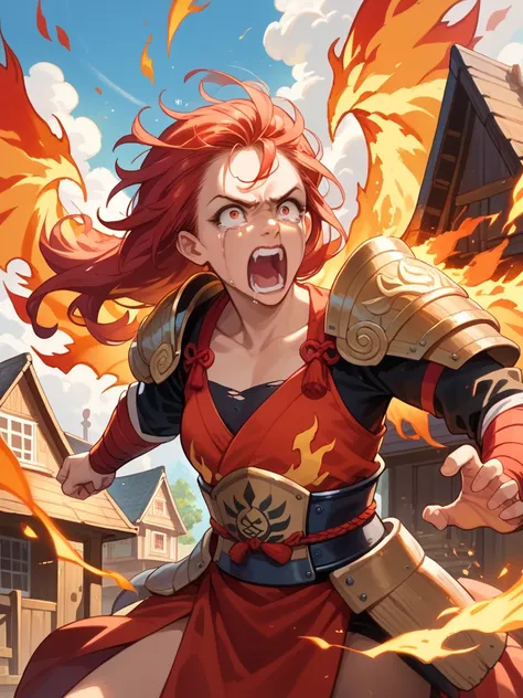 ,1girl, Solo, High Resolution, fire red hair, long hair, screaming, yelling, crying, tears, burning eye, burning flames, fire wings, burned down wooden houses, red lingerie, res samurai wooden armor, detailed background, hyper detailed, best quality 