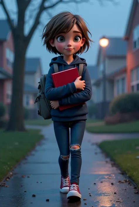 Young female girl with messy short light brown hair shoulder length, bright grey eyes, eye liner, scratches on her cheeks, wearing a grey empty backpack, a navy blue hoodie dark blue fitted jeans with tears at the knees, burgundy converse. She walks the si...