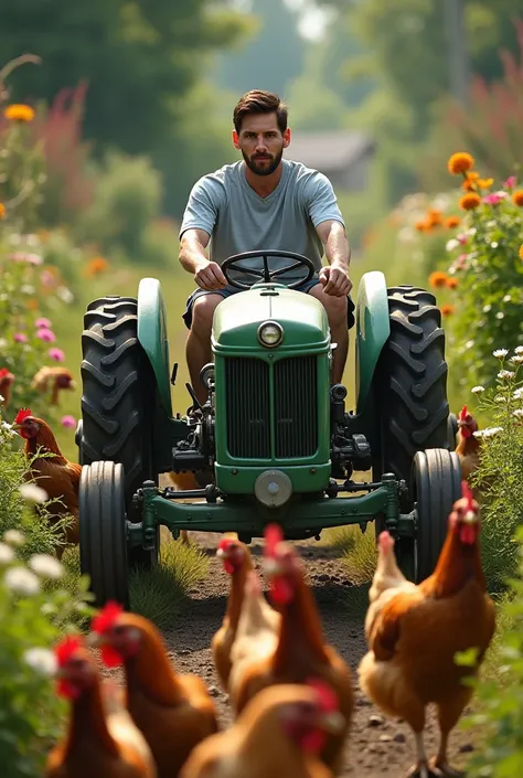 
Messi drive a tractor in garden and surrounded by hen