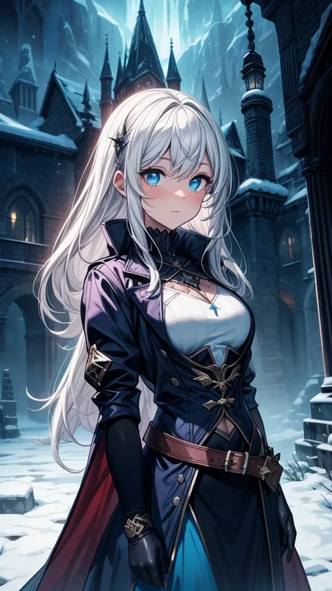 ((masterpiece, best quality:1.3, high detail)), beautiful woman looking at viewer, long straight hair, (white hair), hairpin, glowing blue eyes, dark blue, (white blouse long sleeves, coat), ((long blue skirt)), (belt, gloves), collarbone, ((atmospheric, m...