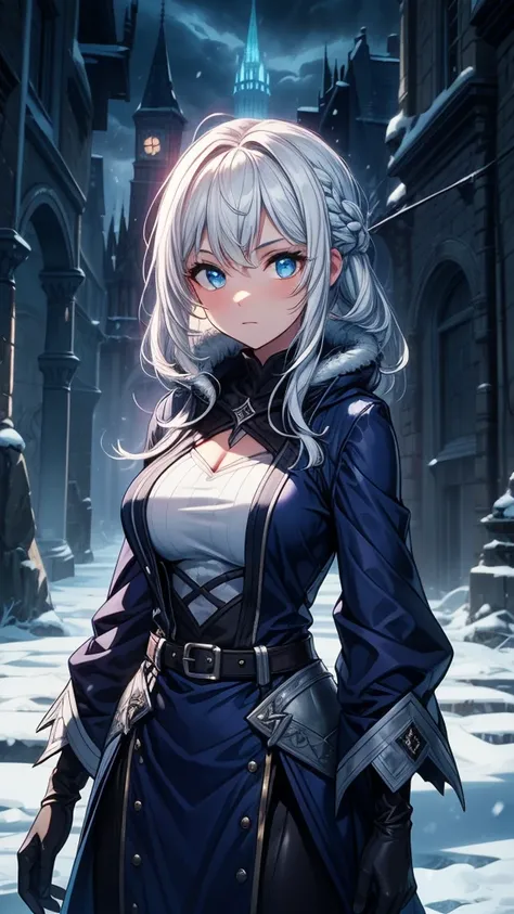 ((masterpiece, best quality:1.3, high detail)), beautiful woman looking at viewer, long straight hair, (white hair), hairpin, glowing blue eyes, dark blue, (white blouse long sleeves, coat), ((long blue skirt)), (belt, gloves), collarbone, ((atmospheric, m...