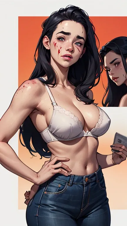 Character style illustration style Completely bare breasts showing a little fear Breast size Cartoon name: Isabella Cruz white background medium breasts freckled face Jennifer Connelly a cartoon picture of a woman with a bloody face and a bra, rossdraws 1....