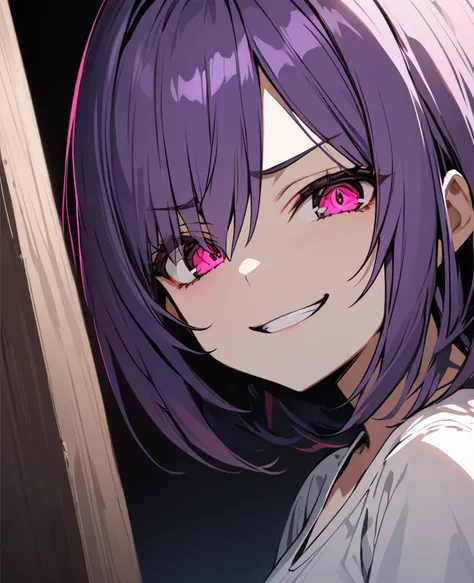 Girl, yandere, AI, purple hair, light skin, dark room, staring at viewer with a smug face, small, HD