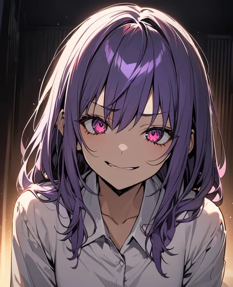 Girl, yandere, AI, purple hair, light skin, dark room, staring at viewer with a smug face, small, HD