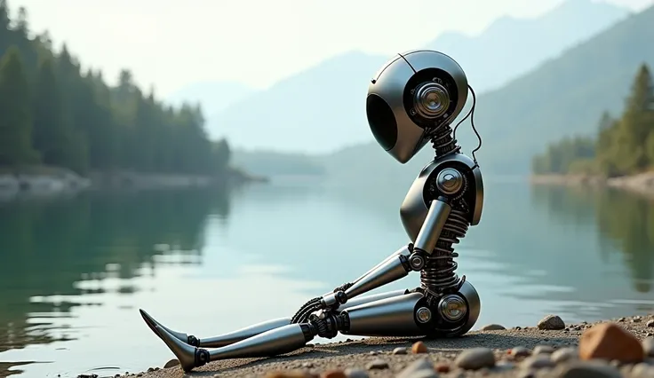 thumbnail image, mini robot, sitting by a lake, U high definition ,  masterpiece, Retina,  Precise,  Anatomically correct,   old school ,  super detail ,  High Details , De alta calidad, awarded,  better quality, highres, 1080P,  high definition , 16K