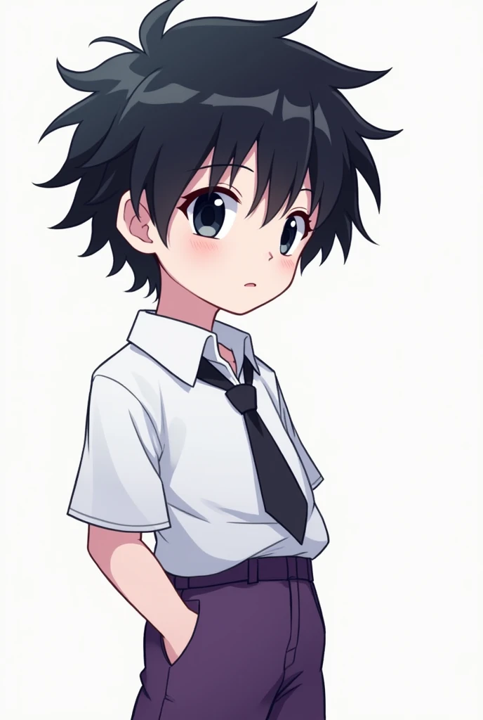 A boy around  with black hair, messy short, he has eyes with dark irises,  white skin , wears a white shirt with a tie and purple shorts in anime style