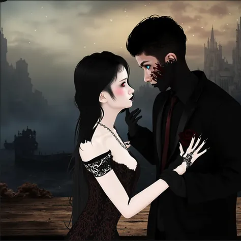 vampire girl with long black hair, red eyes, black and red dress, and black lace gloves, with black nails, Male with tan skin, black hair, blue eyes, black and red suit, black gloves