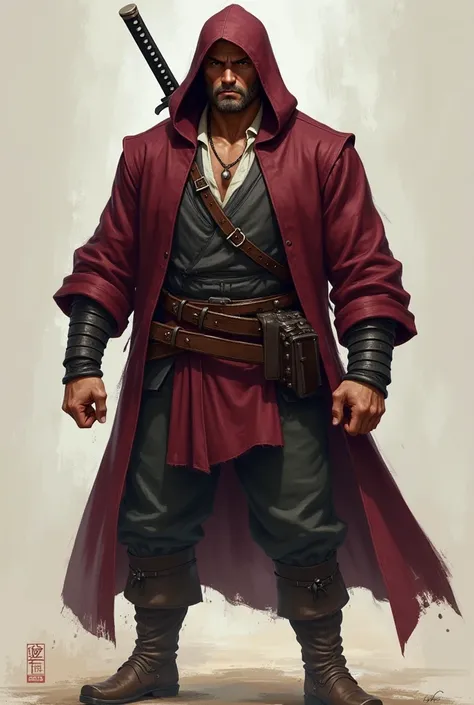  A strong man, Tall and is a mercenary with a burgundy hooded blouse and a katana around his back who is 23 years old