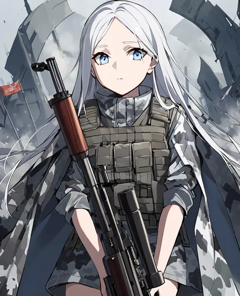 Girl, Ukrainian, Soviet, Year 2063, light skin, short white hair, silvery blue eyes, slightly injured/bleeding forehead, white/urban camo uniform, tactical vest, tattered cape, sniper rifle, arms slightly raised in surrender, rather expressionless, Arctic ...