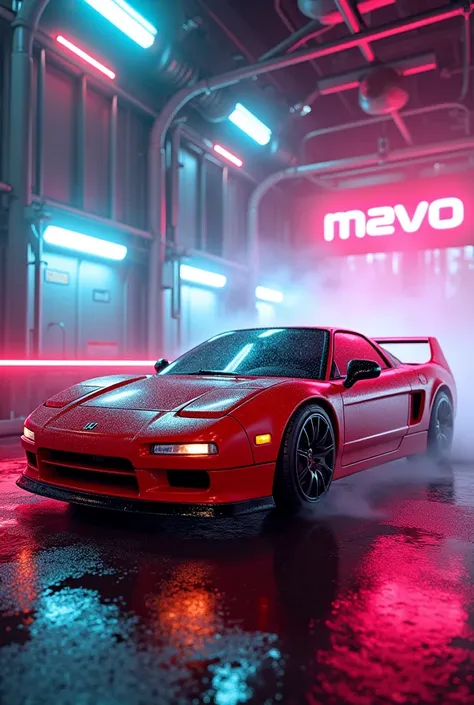 A 1999 Honda NSX Type R being washed in a cyberpunk car wash with the NSX Car Wash sign