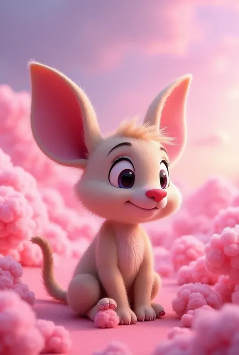 Charlottes The Web  animated movie  character 1973 3D sitting in t the name Luny in 3D background magenta with clouds color pink looking like cotton candy