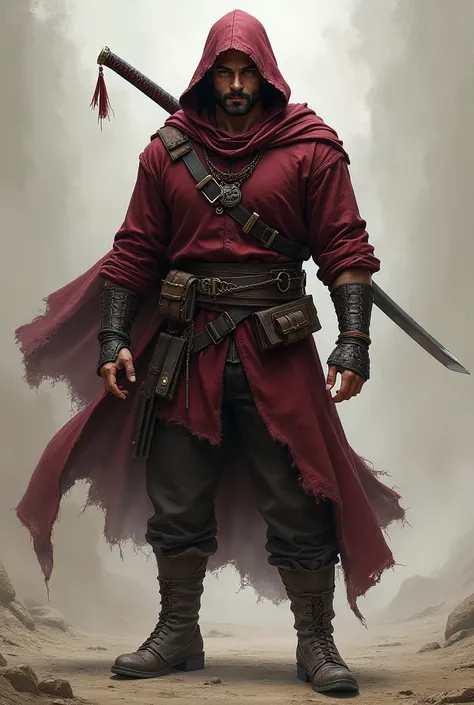  A strong man, Tall and is a mercenary with a burgundy hooded blouse and a katana around his back who is 23 years old