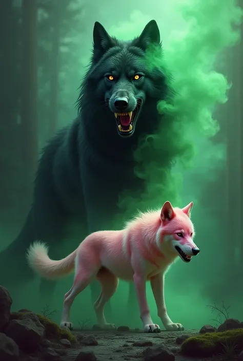 Black wolf green toxic green smoke coming off body  next to pink wolf