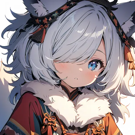 (masterpiece:1.2), ( top quality :1.2),  super high res,  very detailed,  perfect lighting,  wolf girl , White Hair,  ethnic costumes,  Otherworldly Fantasy , fluffy tail, cute,  head tilt ,  closes one eye,   digital anime art  , anime style illustration ...