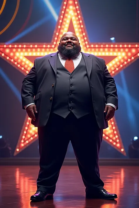 Fat man standing with the bottom of Americas Got Talent