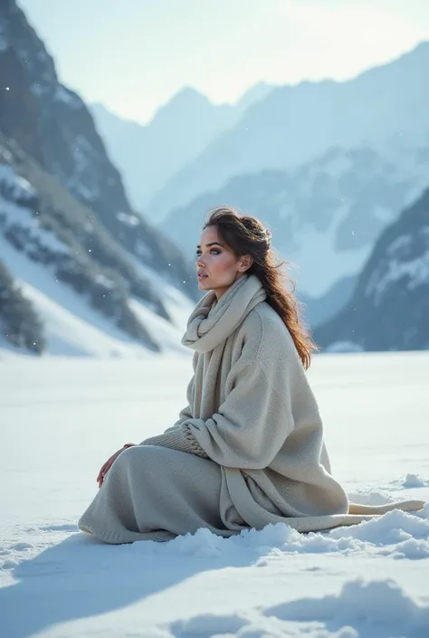 Generate photos of this woman sitting in the snow 