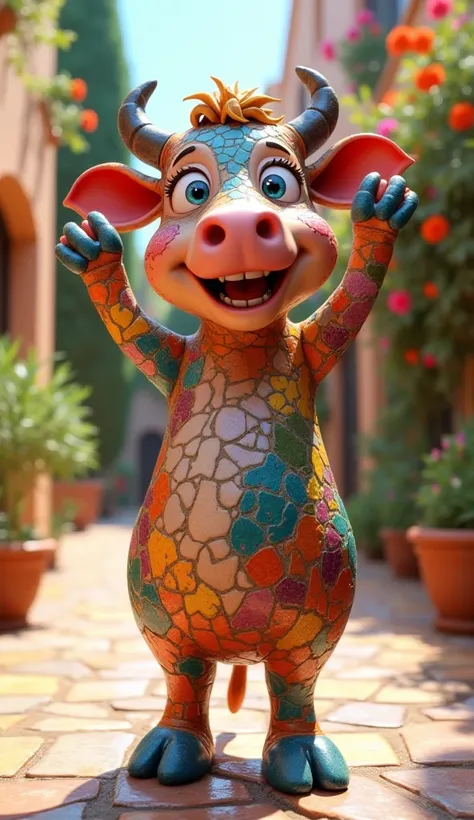 Cute cow, cartoon 3D, arms raised, joyful eyes, looking at viewer, composed of colorful mosaic tiles, intricate patterns, Mediterranean courtyard background with vibrant flowers and tiled floors, real life, detailed, 4k.