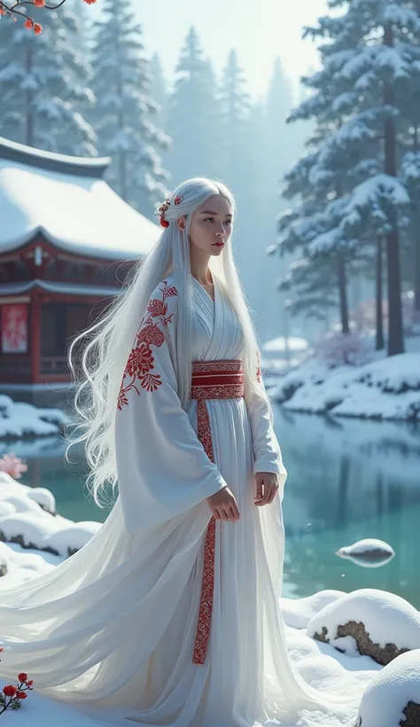  Fantastic　snow　 Japanese Shrine　White Haori　Red Embroidery 　 long haired white hair　 pretty girl 　
Express a girl in a big way