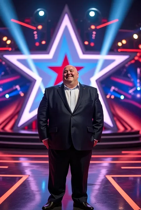 Fat white man standing against the background of Americas Got Talent