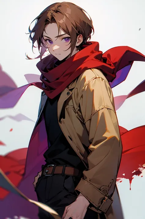 A MAN, light brown hair, purple eyes, pale skin, red scarf, casual clothes, 27 years old, skinny, cartoon, anime style, white background.