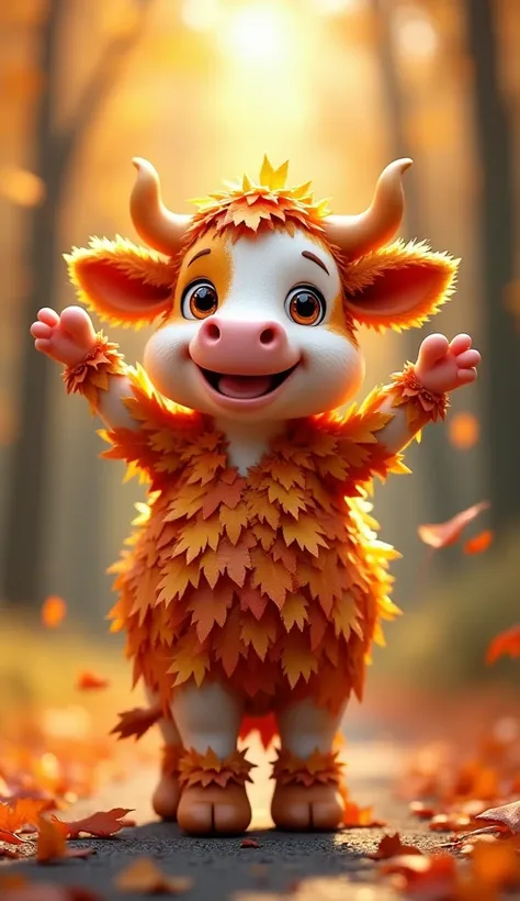 Cute cow cartoon 3D arms raised joyful eyes looking at viewer constructed from vibrant autumn leaves forest path background fallen leaves scattered crisp air real life detailed texture 4k.