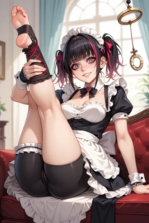 1 girl, maid, layered hair, wolfcut hairstyle, black alt goth hair, sitting, frilled socks, sitting split, soles, embarrassed, yandere crazy smile, hypnotized, swinging pendulum, bike shorts, pouty lips, toeless legwear, cross-laced legwear, masterpiece, b...