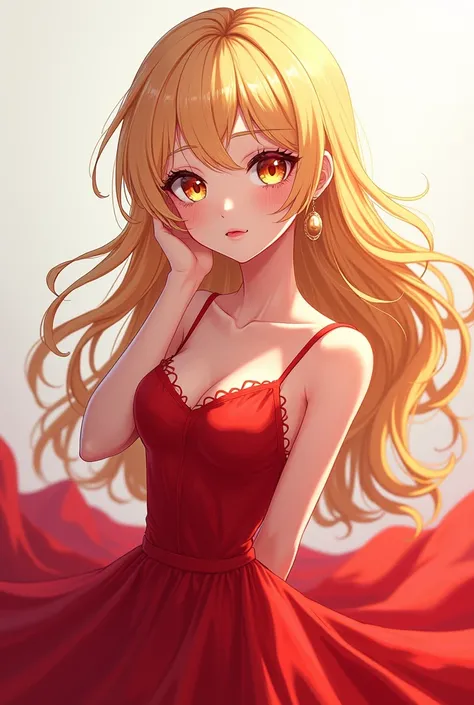 I would like to create a blonde woman in a simple red dress with an anime style