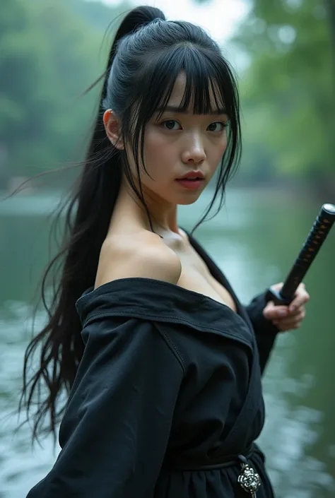  16k、 color photo 、( full body photo:1.3)、Sky from below、(( lean forward:1.3)),Beautiful Beautiful Girl Fighting with a Dagger 、 toned thighs 、((  Sexy yukata with her chest and cuffs spread loosely  :1.5、 Her shirts shoulder straps fall off and hangs and ...