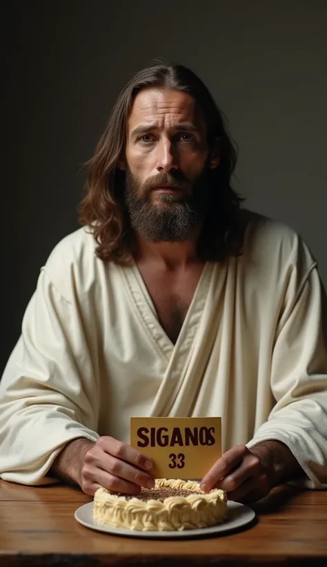 A realistic image of Jesus Christ with a long beard and shoulder-length hair, wearing a simple white robe. He is seated at a wooden table. He has a serious and slightly emotional expression, with his mouth slightly open and tears streaming down his face. H...