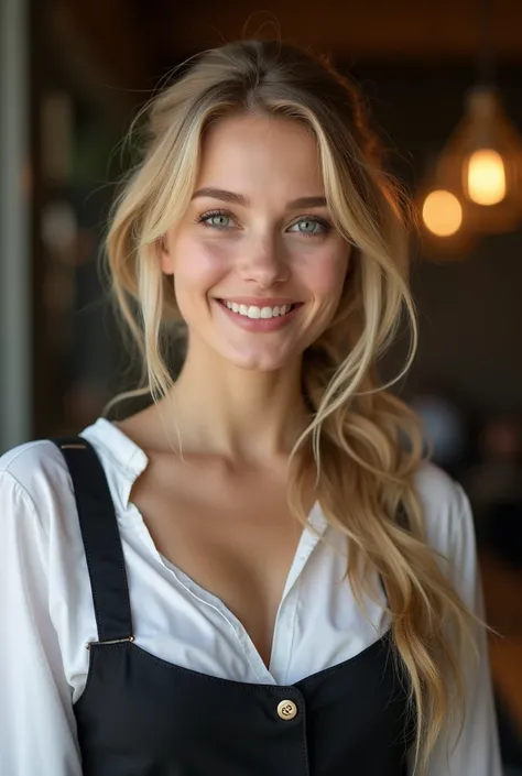 masterpiece,  high definition ,  high detail , HD model , young girl ,  blonde 25 years old , chest C ,  long hair , smile brightly, hairstyle ponytail,  strands of hair on forehead , Ukrainian woman, worked by a waiter , full height,  black uni vorma with...