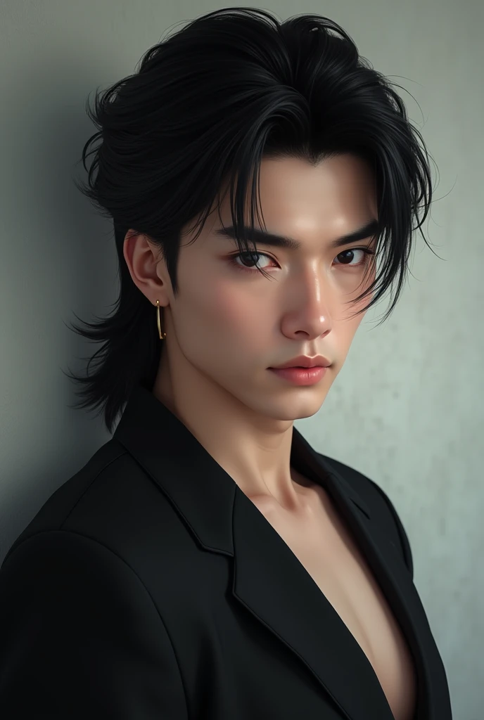 A handsome Asian man with pale white skin, sharp jawline, black hair styled in a mullet, deep black eyes with an intense gaze, clean-shaven face, smooth and flawless skin, exuding a confident and striking presence. The setting is minimalistic with soft lig...