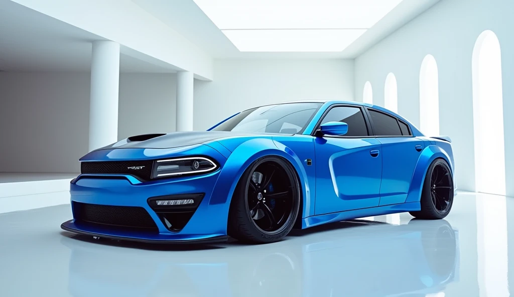 A captivating and futuristic image of the 2025 dodge Charger is displayed in a luxurious white showroom. The car is painted in a striking vibrant blue hue, emphasizing its sleek, aerodynamic design with bold accents that highlight the cutting-edge innovati...