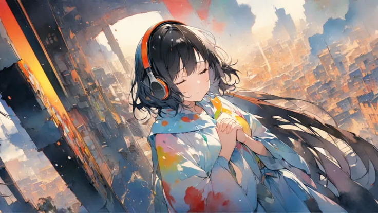  1 woman, black hair, hands clasped in awe ,  urban background 、listen to music、 close your eyes、 headphones（watercolor）（Blurred outline）（ bright colors）（ very delicate lines）（masterpiece）（ wonderful atmosphere ）（Very high quality ）（Three-dimensional paint...