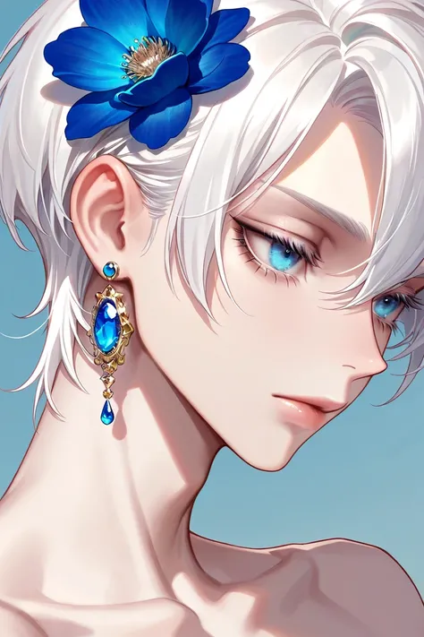 solo,bishounen,skinny,eyelashes,short hair, blue eyes, hair ornament, 1boy, jewelry, white hair, male focus, earrings,lips, hair flower,portrait, blue flower, blue gemstone,