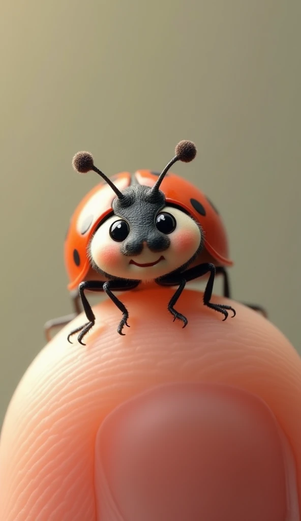 Cute baby ladybug perched on human fingertip, looking straight at viewer while slightly raising head, round eyes, adorable funny face, smiling, observing surroundings