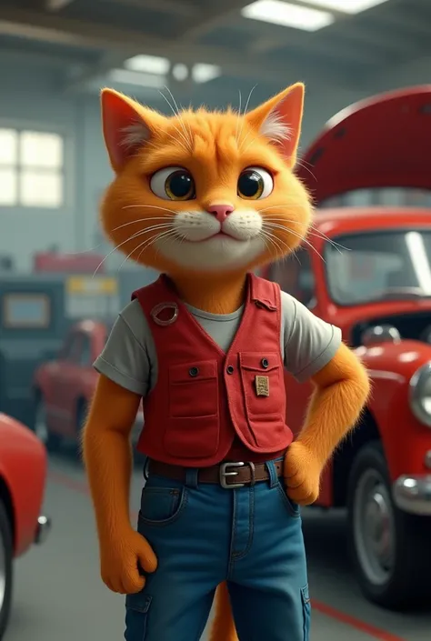 A tall, strong orange cat wearing a red vest and blue pants.  gets a job as a mechanic in a bustling garage. He puts on his red vest and blue pants and begins fixing cars, gaining skills and respect.

