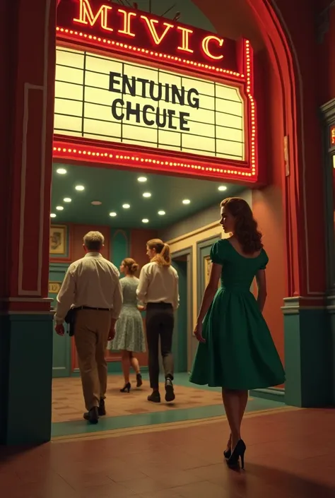  Make an image that has a theater in the background , people entering the theater and a woman in a green dress walking to the theater. Make sure that there is nothing written on the movie theaters. All this is set in the 40s and tries to make it realistic....