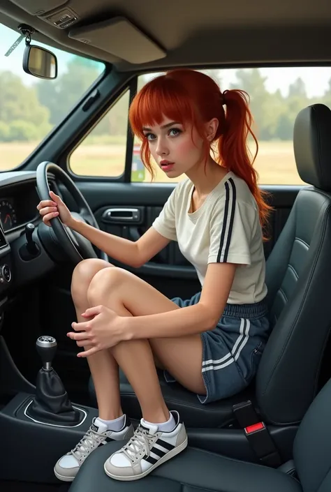  girl with red hair with Adidas vintage sprinter shorts with sneakers. In a modern car and has starting problems. She is very angry. She turns the lock and pumps the pedals with her legs in einem neuen Auto.