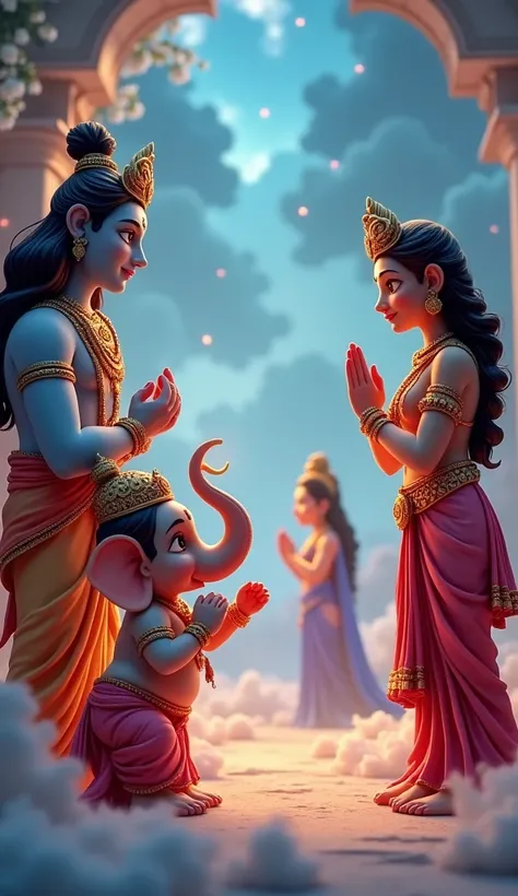 Create a cinematic 3D cartoon style image of lord ganesha is blowing in respect in front of Shiva and Parvati.