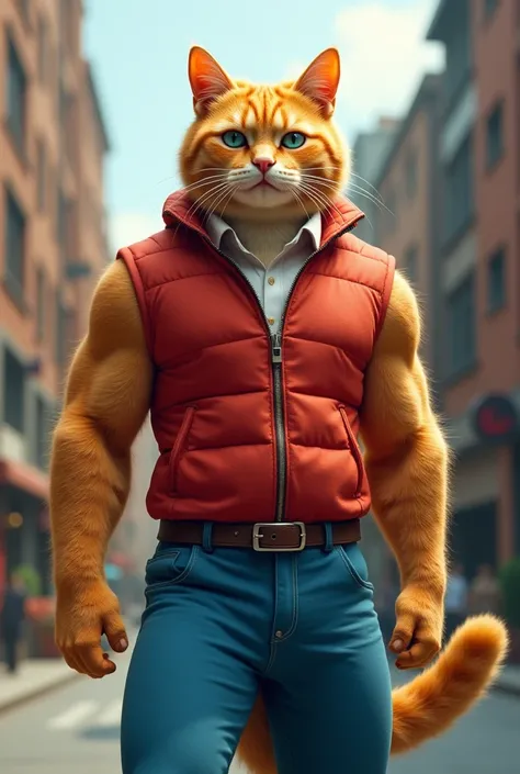 Despite Cat  hard work, the A tall, strong orange cat wearing a red vest and blue pants faces obstacles like unexpected expenses, a challenging customer, or a big mistake at work.