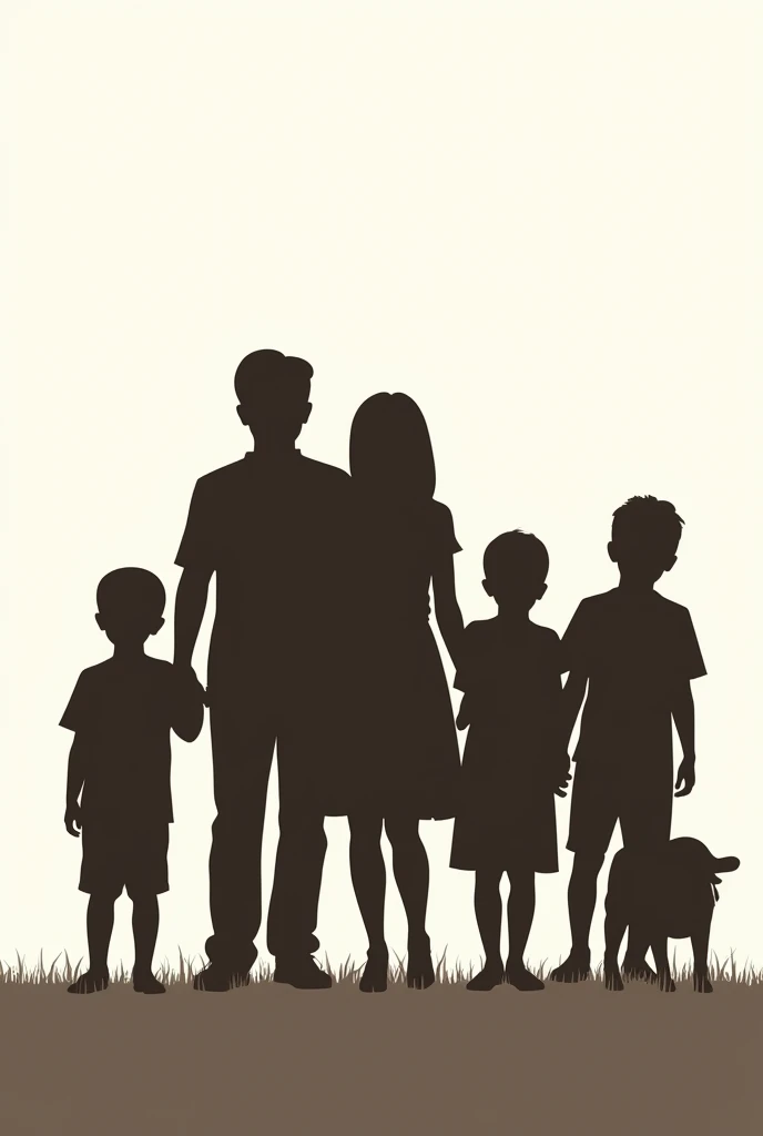 Family silhouette, consisting a parents, boy for the first born, girl for the second born, boy for the third born, boy for the fourth born, boy for the fifth born and girl for the sixth born with a dog.