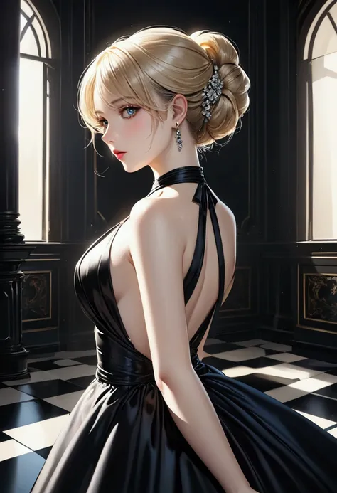 looking back, cool beauty, vivid and seductive expression, blonde shining glossy silky updo, superlative great body proportion, wearing elegant and gorgeous black satin halter dress with glitter, accessories, palace ball, professional and perfect compositi...