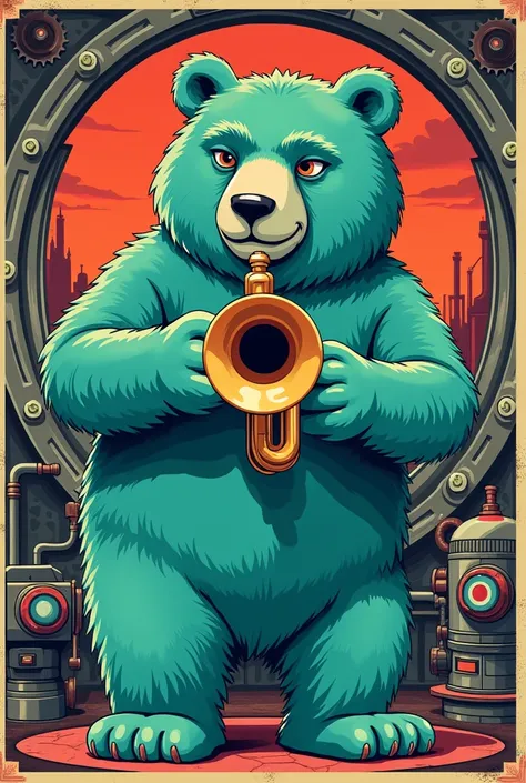 Industrial, Swing music poster with flamboyant and snippy vibes, featuring a teal polar bear playing trumpet. The title reads Teal Alpha - Witty Space Mobster