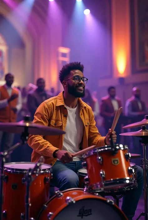 a 21-year-old playing drums at a gospel show with glasses and a beard