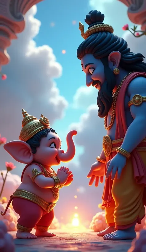 Create a cinematic 3D cartoon style image of lord ganesha is blowing in respect in front of Shiva and Parvati.