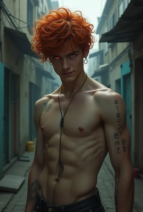 (masterpiece, best work, high-resolution), a human boy with red curly hair and brilliant eyes wearing jeans, 18-years old boy, red curly hair and (brilliant eyes in a vivid-red color), his skin is pale and his body slim, he has shapely chest and abs, toned...